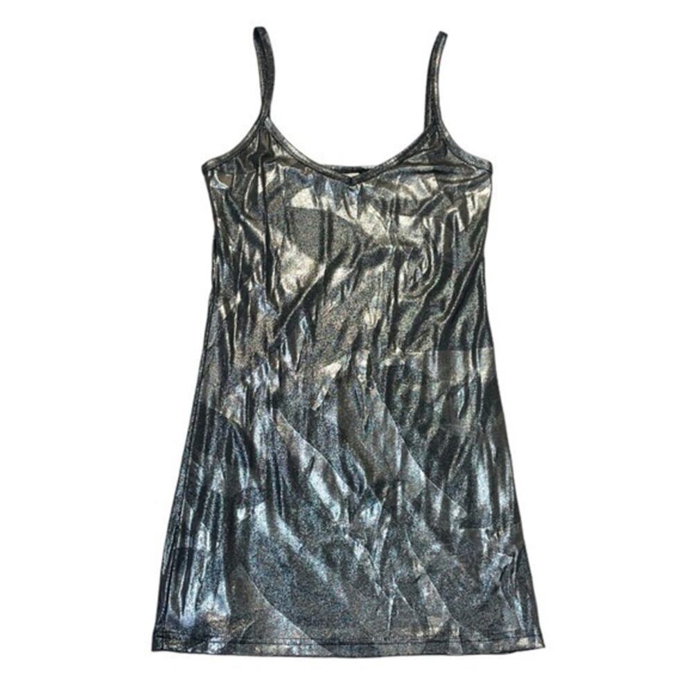 BKE Metallic Shimmer Cami Tank Top Silver Black V-Neck Spaghetti Strap Medium